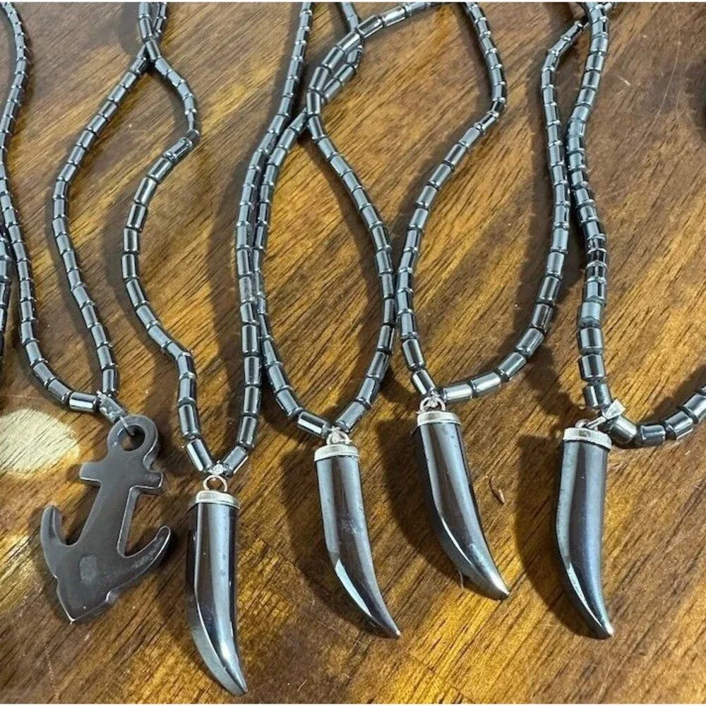 8Pc Hematite Pendant Necklace Lot Horn Cross Anchor Fish Beaded Boho